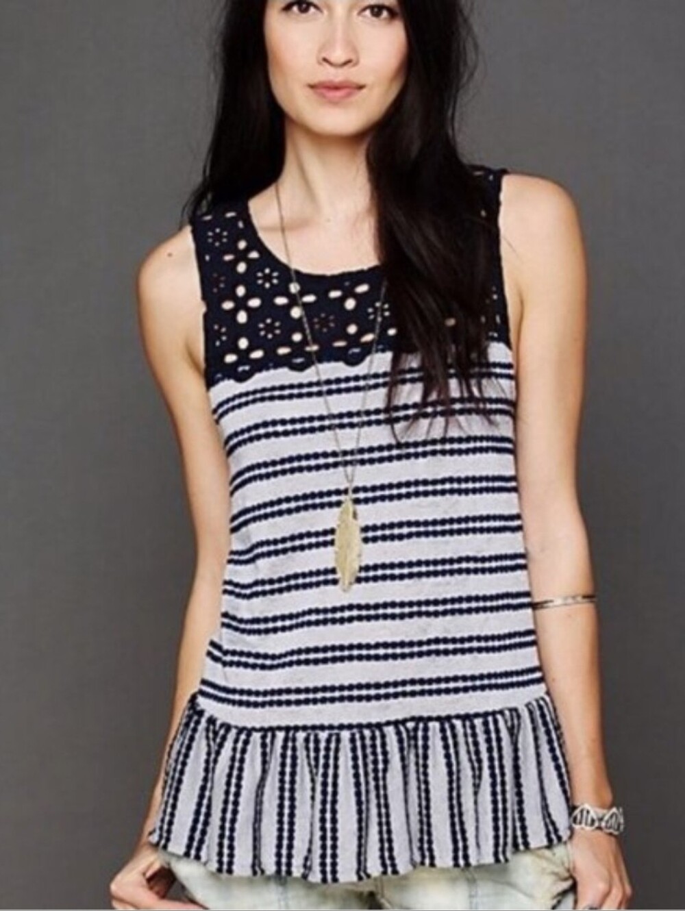 Free People Navy and White Striped Crochet Yoke Tank